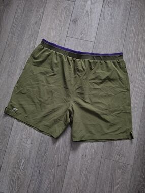 Fabletics Olive Green Men's Athletic Shorts with Purple Waist Trim